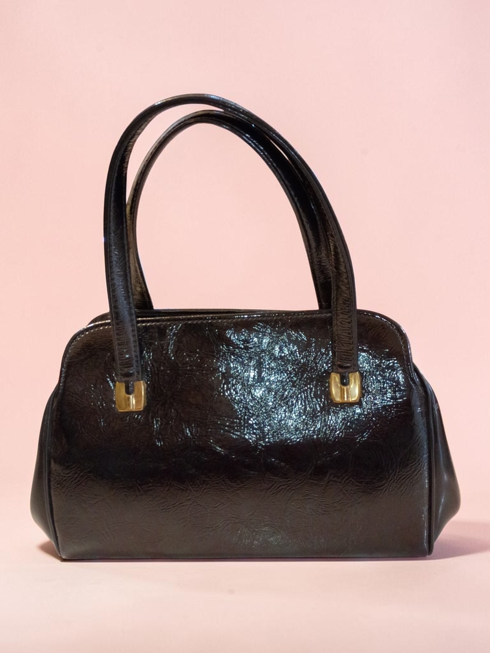 Vintage 1960s Black Patent Leather Handbag with Gold Hardware